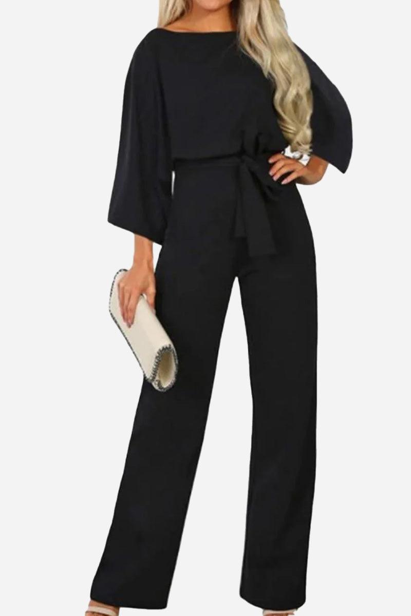 Black casual long sleeve belted jumpsuit with batwing sleeves and wide-leg pants
