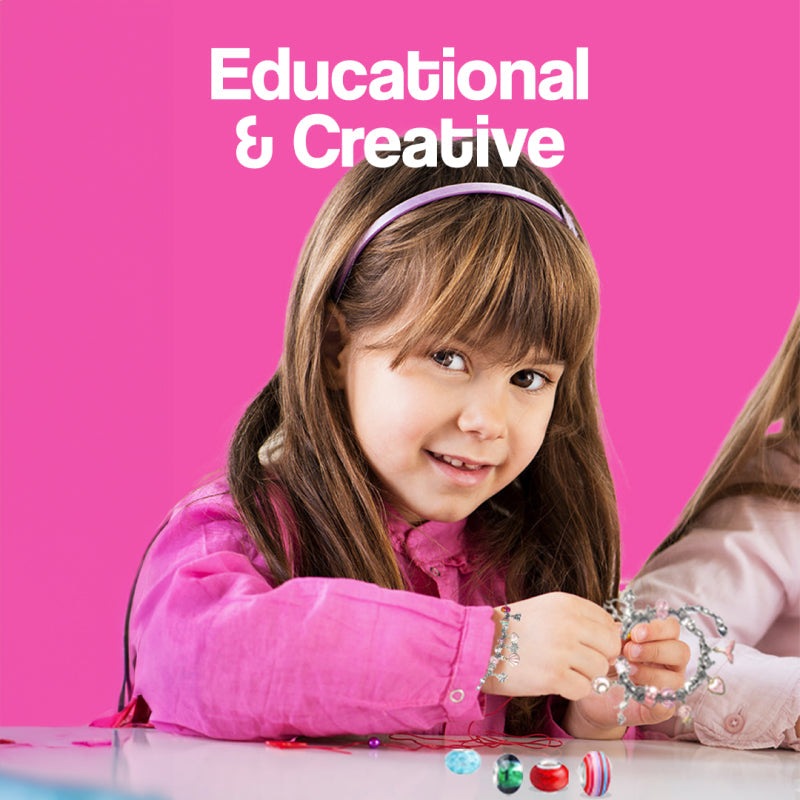Young girl using educational and creative kids bracelet-making kit with colorful beads on pink background