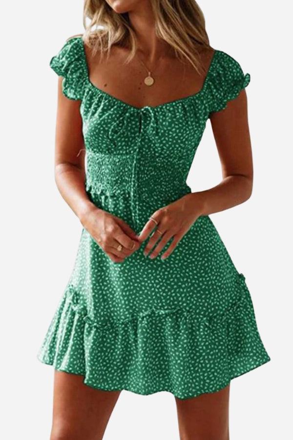 Green sweetheart collar printed ruffled maxi dress with high waist and short sleeves