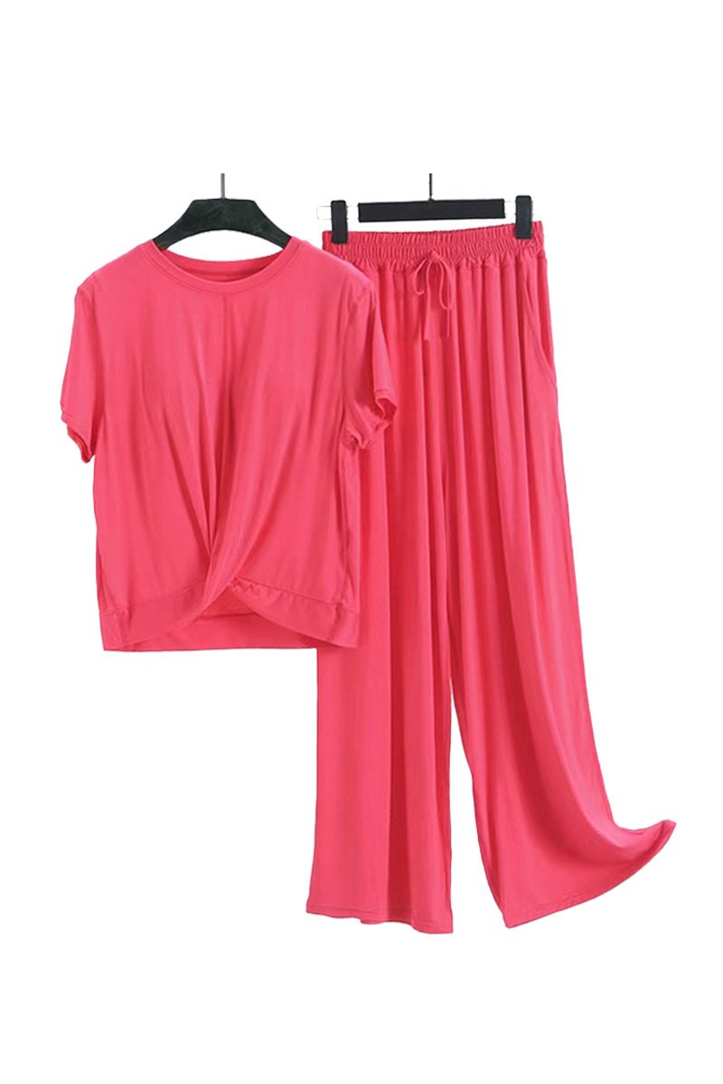 Red bamboo fiber pajama clothes set with short-sleeve top and wide-leg pants, breathable eco-friendly material.