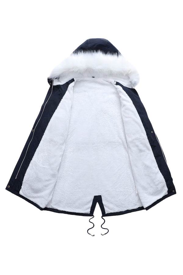 Thick long-sleeve zipper overcoat with white fur lining and hood, black exterior, warm and lightweight design