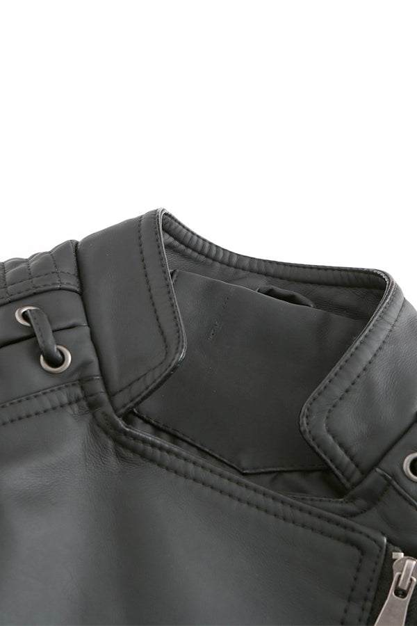 Close-up of black slim fit leather motorcycle jacket collar and zipper details