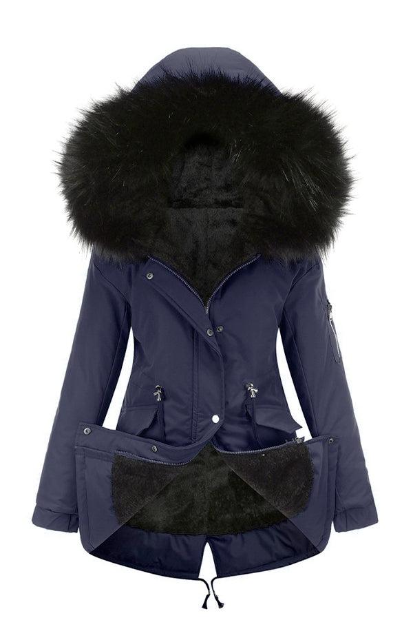Navy Fur Collar Fleece Coat with hooded design and adjustable hem, warm polyester fleece interior.