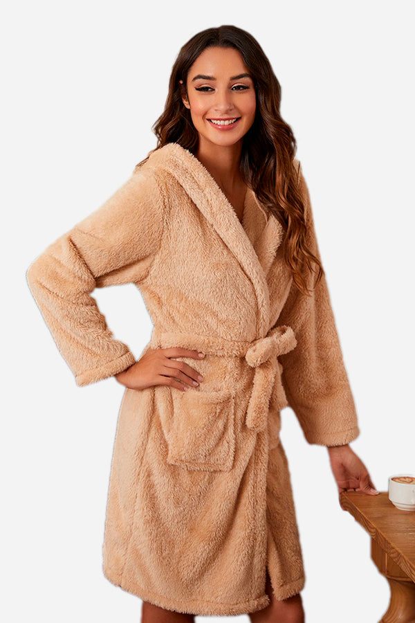 Woman wearing beige premium comfort nightgown bathrobe with hood and belt
