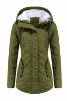 Olive green casual hooded velvet coat with windproof adjustable hood, water-resistant surface, hidden elastic rib cuffs, and multiple pockets.
