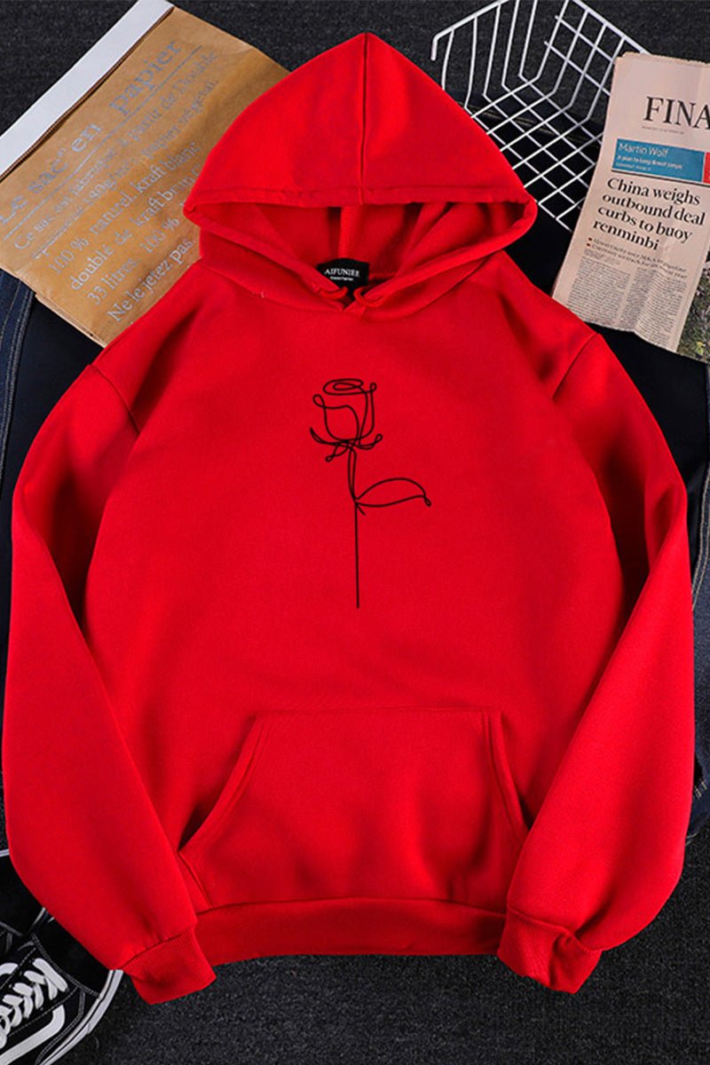 Red oversized hoodie with black graffiti rose design and front pocket