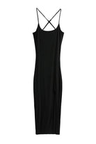 Black elegant side slit midi dress with thin crossed straps and flattering silhouette