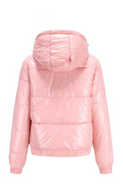 Pink reflective anti-splash slim fit puffer jacket with undetachable hood and hand pockets, water-resistant polyester winter coat