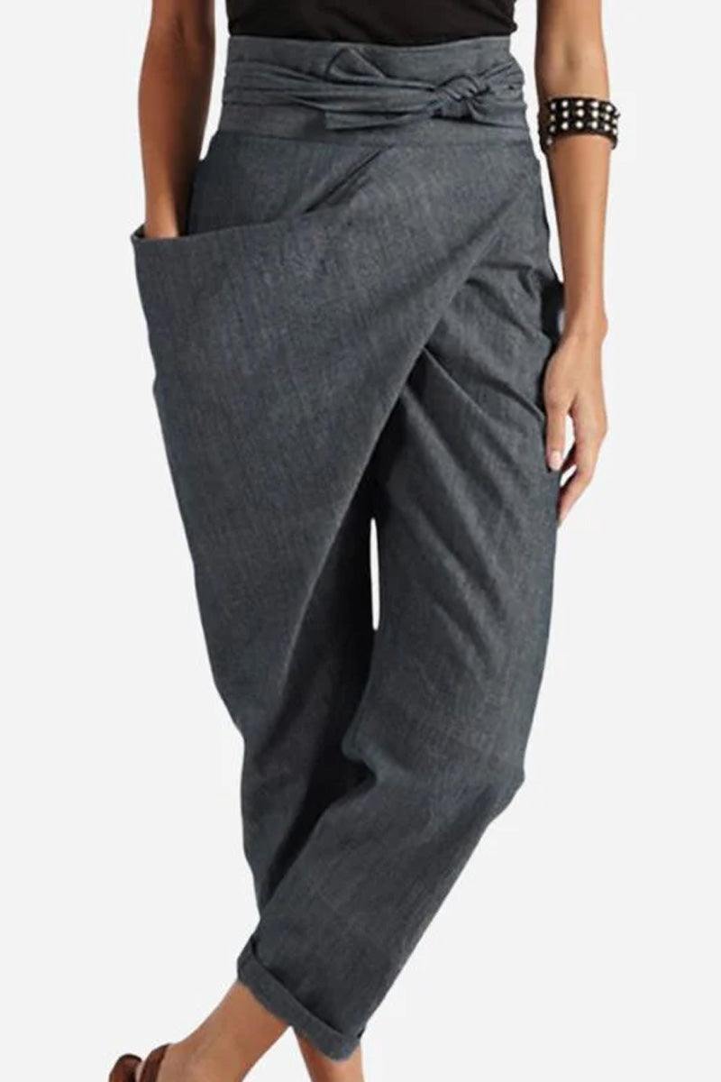 Women's high-waist wrapped pants in dark gray breathable fabric with loose fit and side pocket