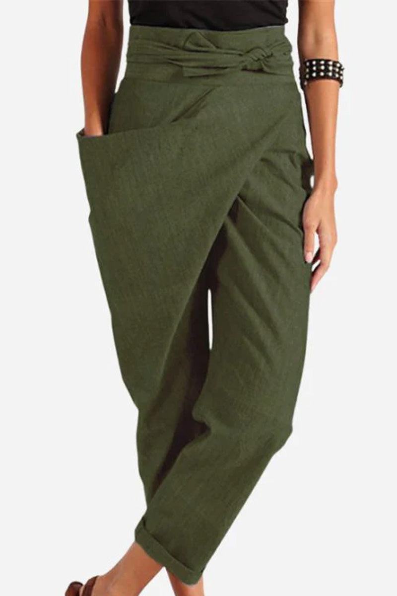 Olive green high-waist wrapped pants with loose fit and side pocket for comfortable casual wear