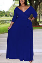 Elegant plus size blue dress with deep V-neck and belt, 3/4 sleeves, swing skirt for comfortable fit and versatile style