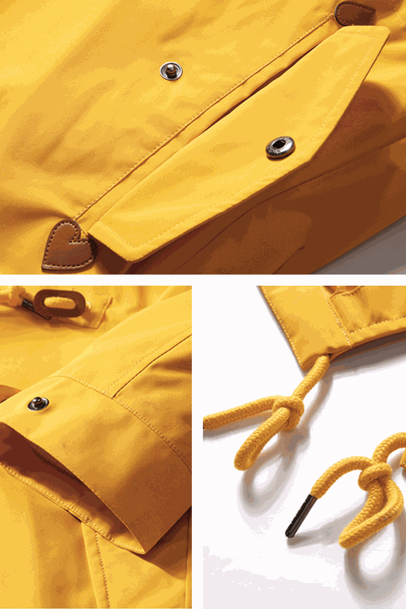 Close-up details of Versatile Chic Two-Piece Windbreaker Set in yellow showing buttons, adjustable cuffs, and drawstring features