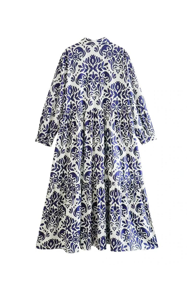 Blue Floral Lantern Sleeves midi dress with vibrant floral print and loose fit