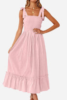 Pink Sunkissed Spaghetti Boho Dress with adjustable tie-up straps and flowy high-waist skirt