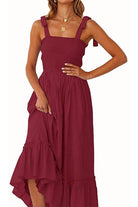 Sunkissed Spaghetti Boho Dress in burgundy with adjustable tie-up ribbon straps and flowy high-waist silhouette for summer comfort and style