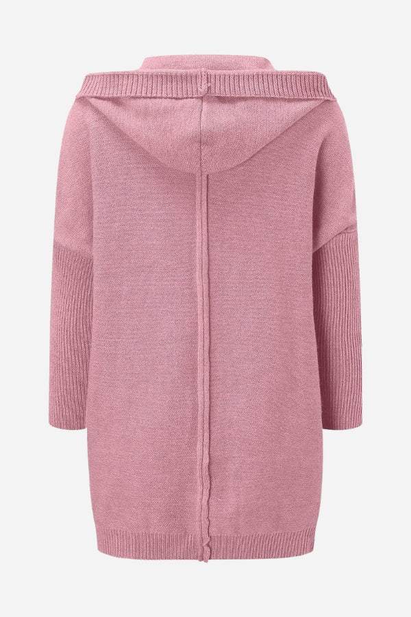 Back view of pink warm oversized hooded cardigan with long sleeves and relaxed fit.