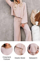 Round neck loose fit two-piece cozy set with crewneck pullover and elastic waist wide-leg pants in beige