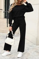 Round neck loose fit black cozy two-piece set with wide-leg pants and long sleeves
