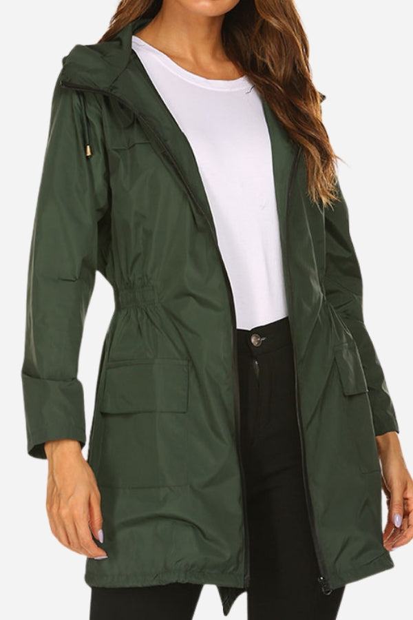 Outdoor and Travel Hooded Raincoat windbreaker jacket in dark green polyester, lightweight and weather resistant.