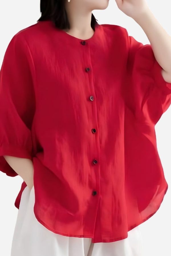Relaxed loose breathable linen blouse in vibrant red with button-down front and short sleeves