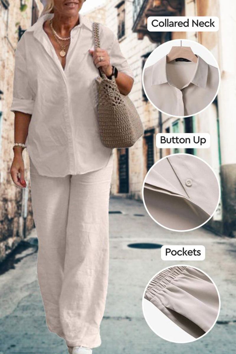 Women's relaxed shirt and trousers two-piece set in soft cotton with collared neck, button-up front, and elastic waist pockets.