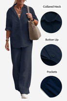Woman wearing navy relaxed shirt and trousers two-piece set with collared neck, button-up shirt, and elastic waist pockets.
