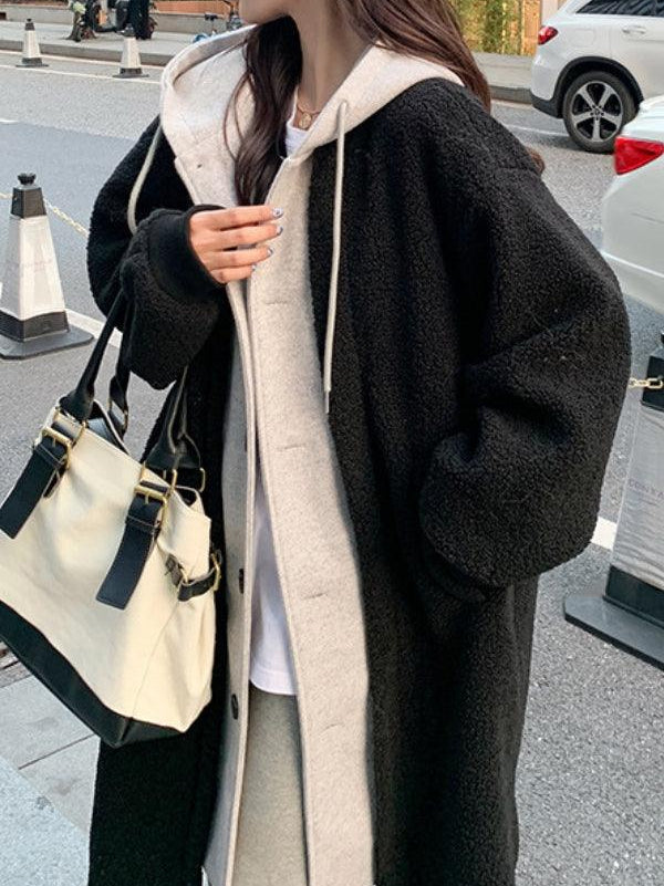 Everyday wear oversized sherpa long coat in black with cozy plush lining and relaxed fit style
