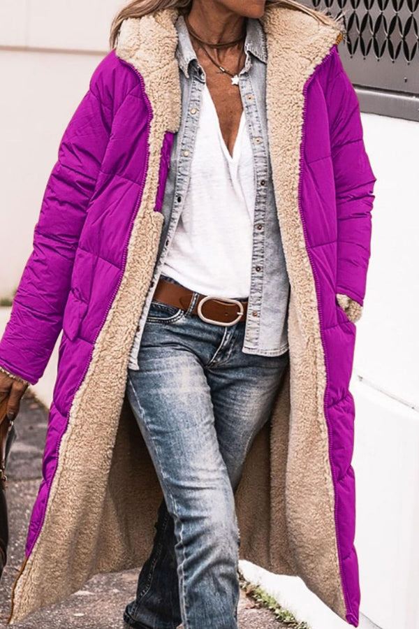 Purple sherpa-lined hooded teddy coat with durable puffer exterior and cozy sherpa interior for winter warmth.