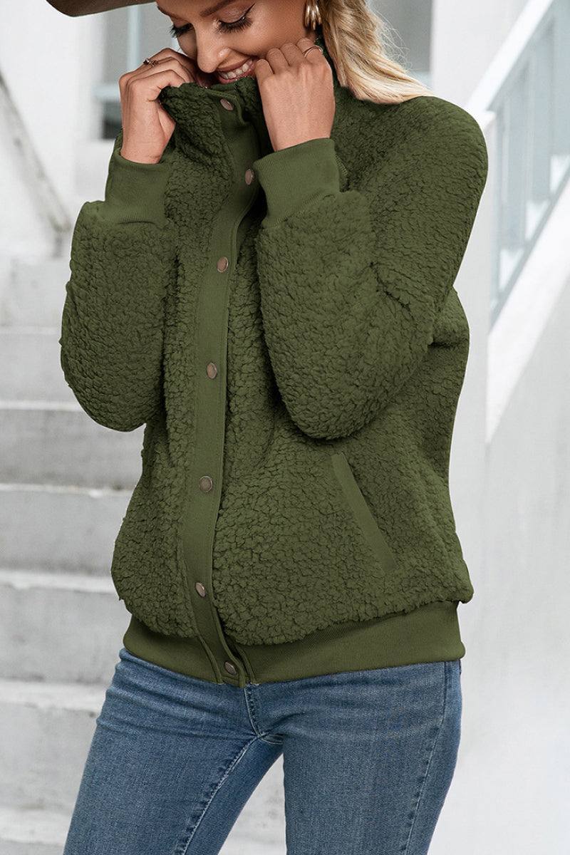 Cozy long sleeve button sherpa jacket in olive green with warm fleece interior and soft exterior