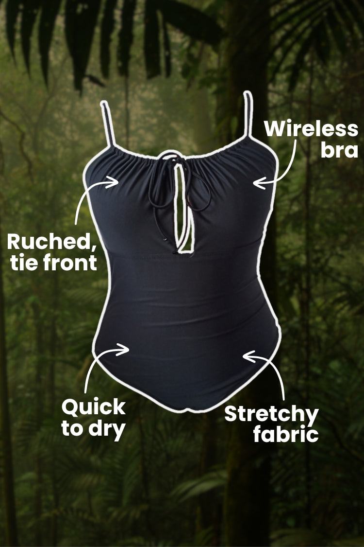 Curvy Comfort Plus Size black one piece swimwear with ruched tie front, wireless bra, stretchy fabric, and quick-dry feature