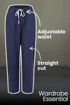Navy relaxed fit straight pants with adjustable waist and straight cut, wardrobe essential.
