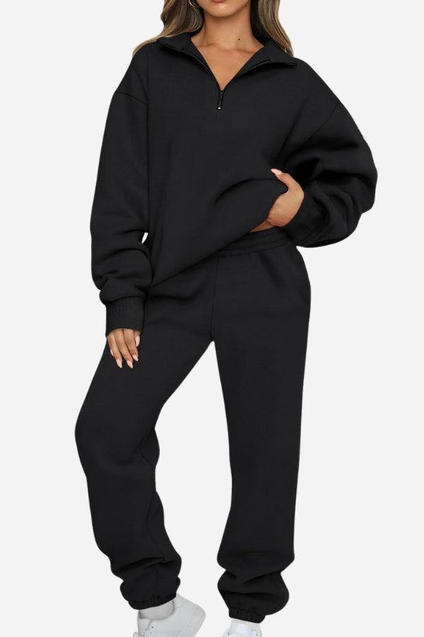 Black ultra-soft and comfy co-ord tracksuit set with zip-up top and elastic waist pants for casual wear