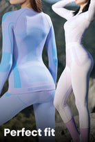 Two women wearing AeroTherm Breathable Warmth slim-fit thermal sets in blue and white, showcasing seamless, lightweight insulation for warmth and comfort.