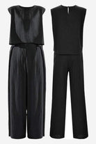 black Casual Radiance Loose-Fit Combo set with sleeveless top and wide-leg pants front and back views