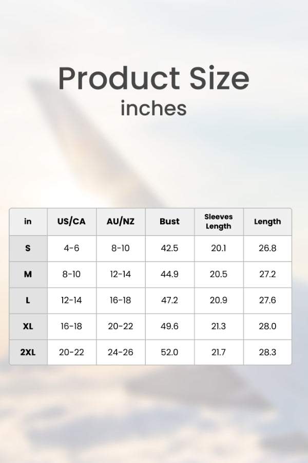 Lightweight puffer travel jacket size chart in inches for US, CA, AU, NZ with bust, sleeves length, and jacket length measurements.