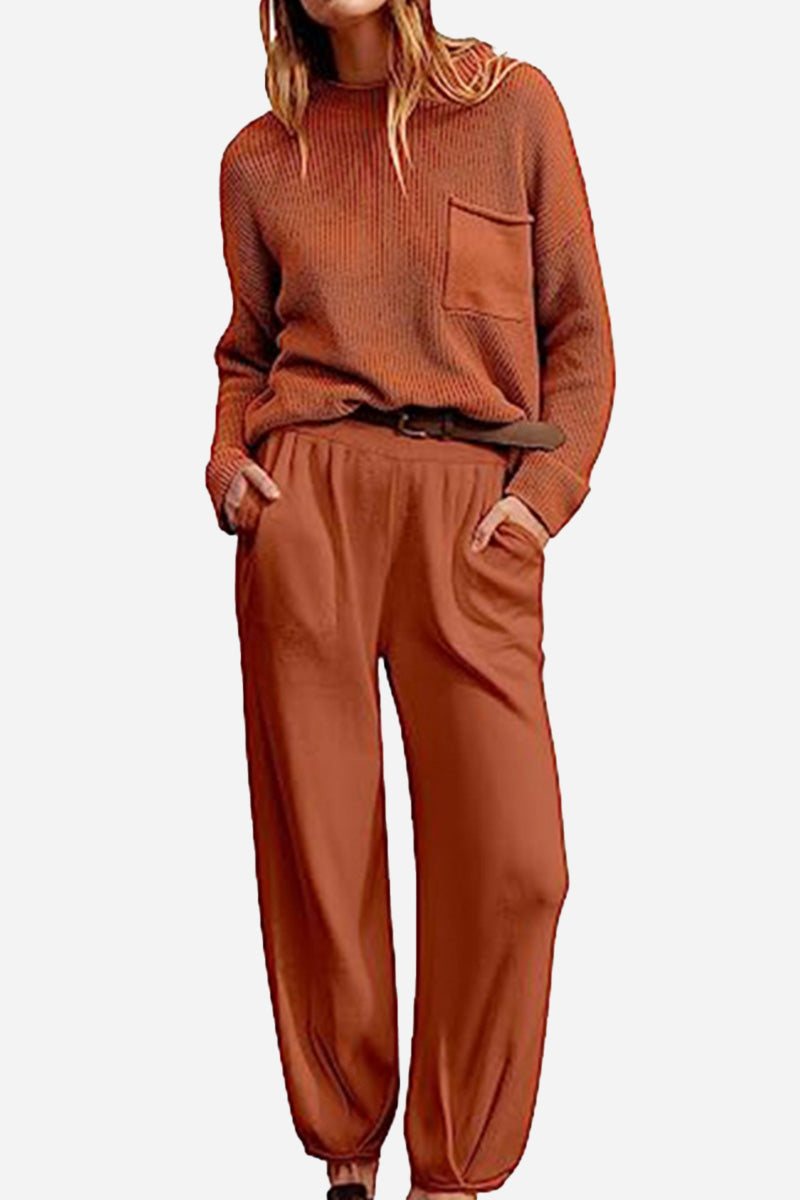 European Minimalism relaxed knit sweater top and loose trousers set in rust color