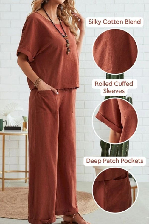 Classy & Laid Back Lifestyle: Rolled Cuff Top And Patch Pocket Pants Set