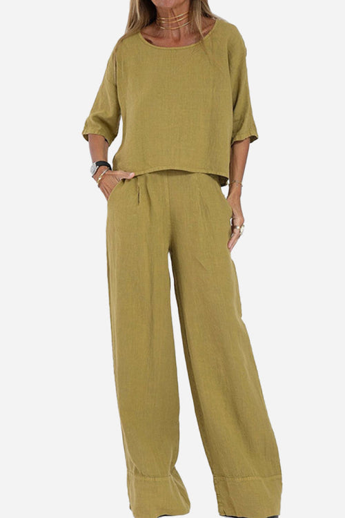 At Ease & Down to Earth: Short-sleeved Pullover & Wide Trouser Matching Set