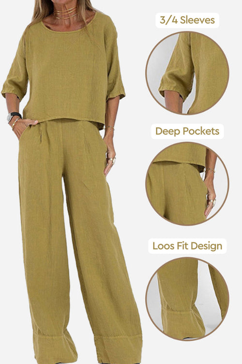 At Ease & Down to Earth: Short-sleeved Pullover & Wide Trouser Matching Set