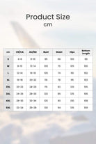 Size chart for dressed-up casual short-sleeved v-neck top and wide trouser suit in cm and US/AU sizes