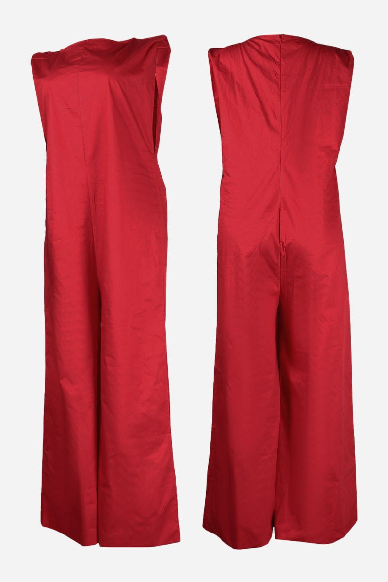 Red sleeveless wide-leg jumpsuit front and back view on white background