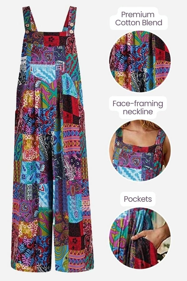 Colorful Bohemian Fantasy Overalls with premium cotton blend, square neckline, pockets, and wide-legged design