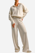 Plush & Preppy Camel Two-Piece Set in soft camel fabric with polo collar and wide-leg pants for comfortable travel and leisure.