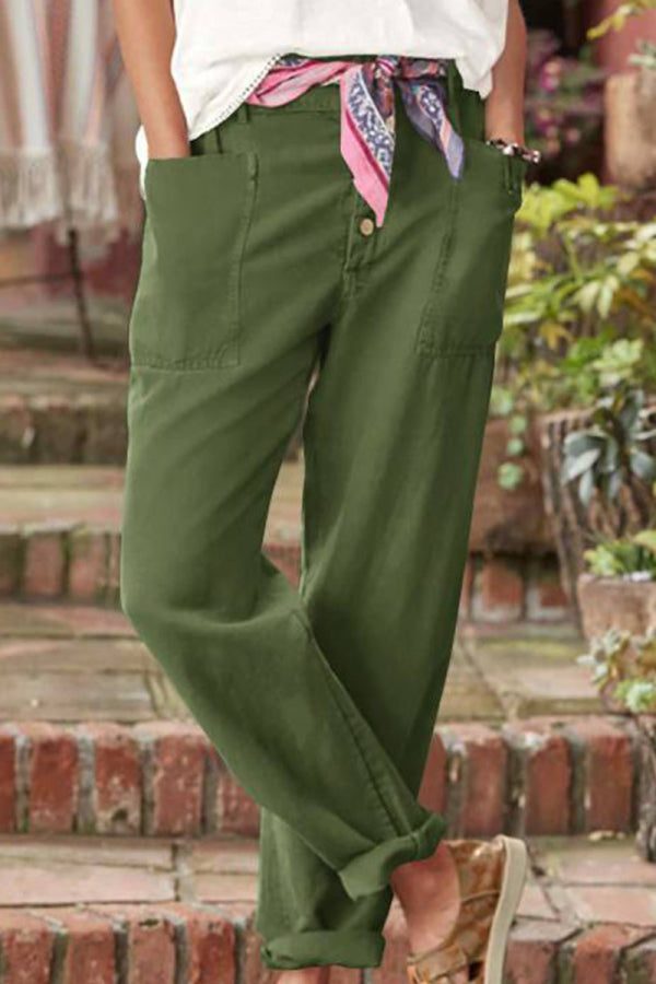 Green casual button-down utility-chic trousers with pockets and rolled cuffs