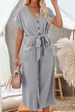 V-neck Lace-up Pocket Jumpsuit With Tie