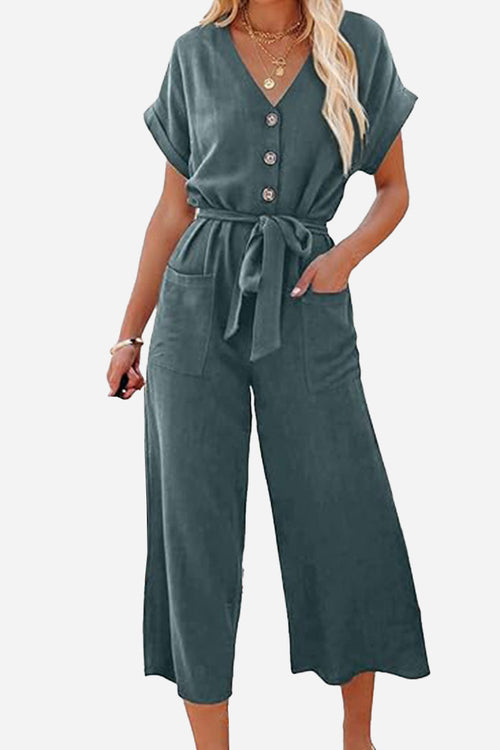 V-neck Lace-up Pocket Jumpsuit With Tie