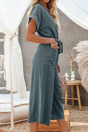 V-neck Lace-up Pocket Jumpsuit With Tie