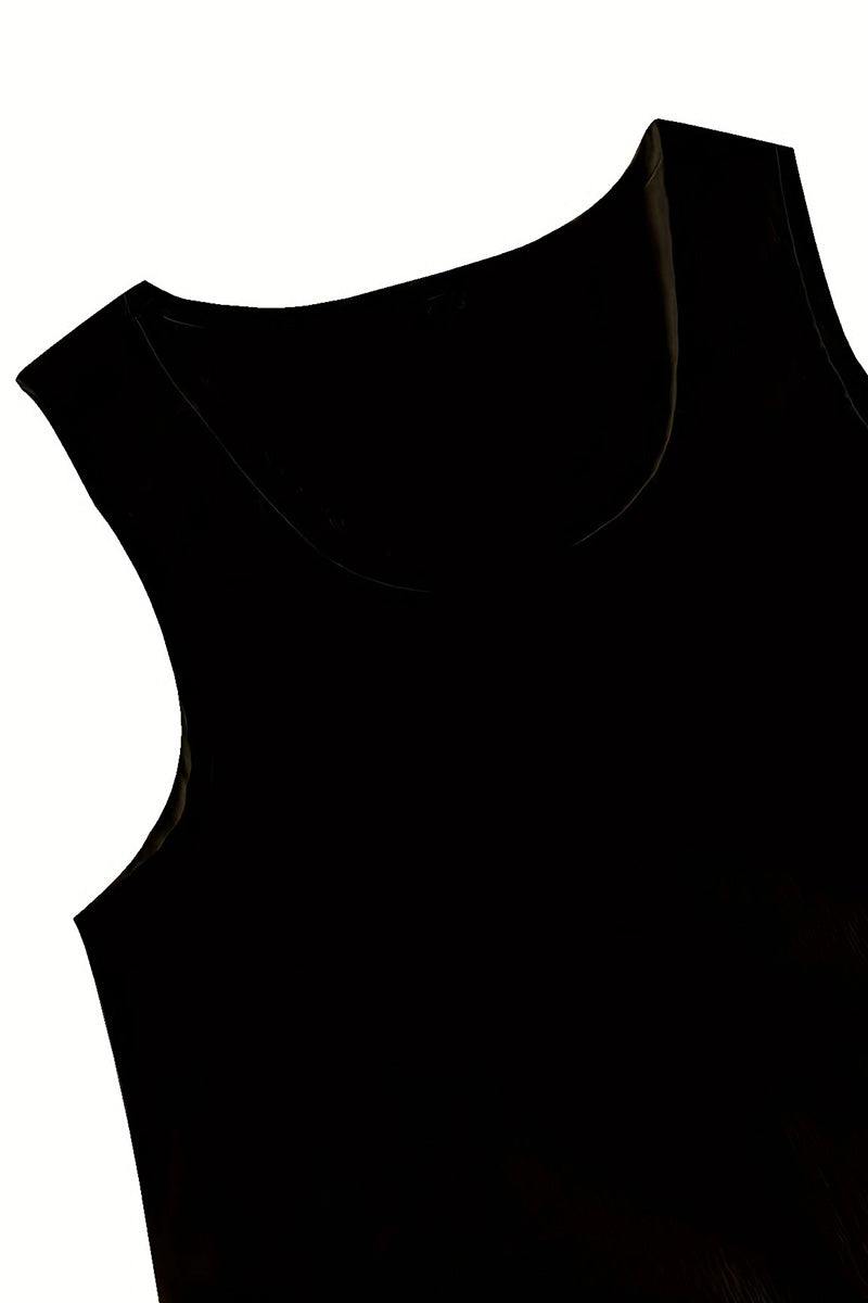 Black sleeveless blouse from Apple-Balancing Two-Piece Co-ord designed for apple-shaped body.