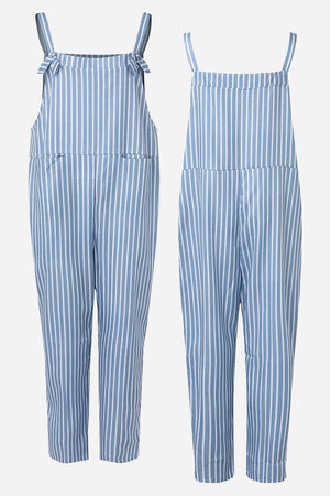 Chic Utility Striped Overalls With Tie-up Straps & Pockets