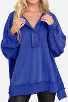 Oversized Urban Sweatshirt in blue with slouchy sleeves and buttoned Henley neckline